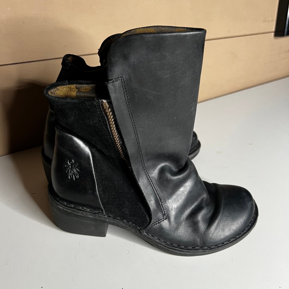 Fly London Black Leather Suede Ankle Boots Side Zip Block Heel 36 Portugal